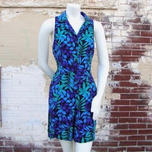 90s Vintage Tropical Floral Romper Shorts Blue